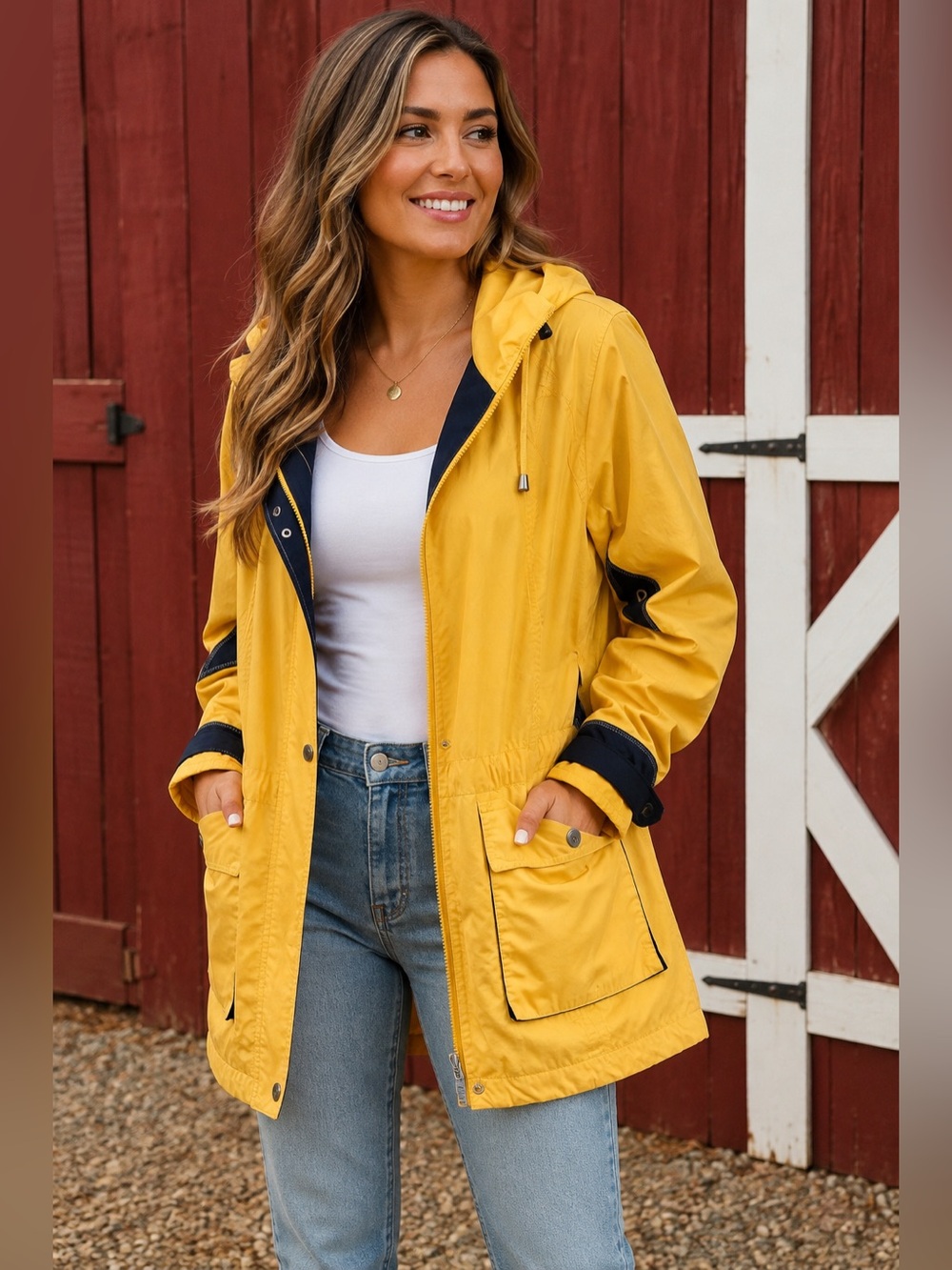 Vintage London Fog Yellow Navy Hooded Rain Jacket Anorak Women’s M Nautical